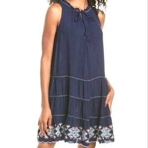 Max Studio navy blue  floral embroidered, scalloped hem  dress, size medium